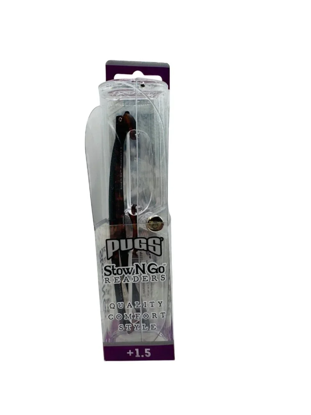 Pugs Stow N Go BROWN Readers +1.5 With Ultra-Lite Rimless Design & Protective Ca